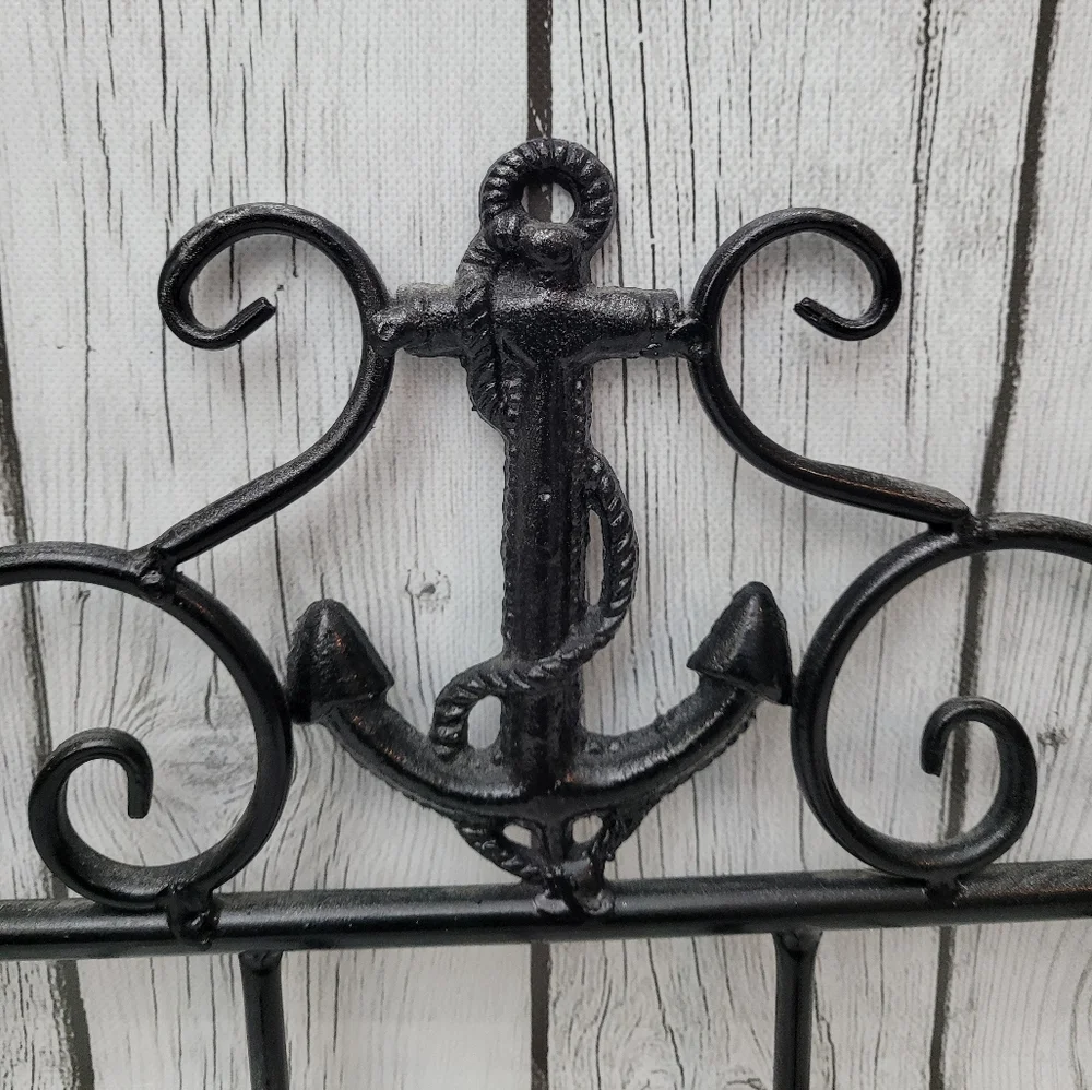 Vintage Cast Iron Anchor & Scroll Work 6 Coat Hook Wall Hanging Sculpture